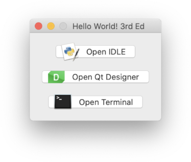 A screenshot of a small window with buttons to open IDLE, Qt Designer, and Terminal